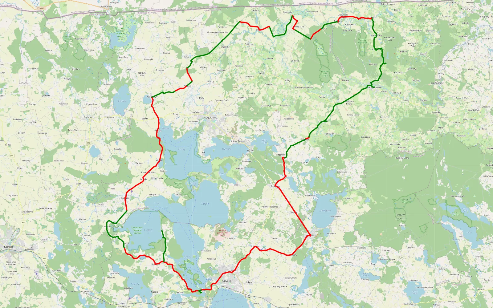 Mapa trasy Banie Mazurskie - Kruklanki - 131.6 km trasy offroad, Powiat Węgorzewski