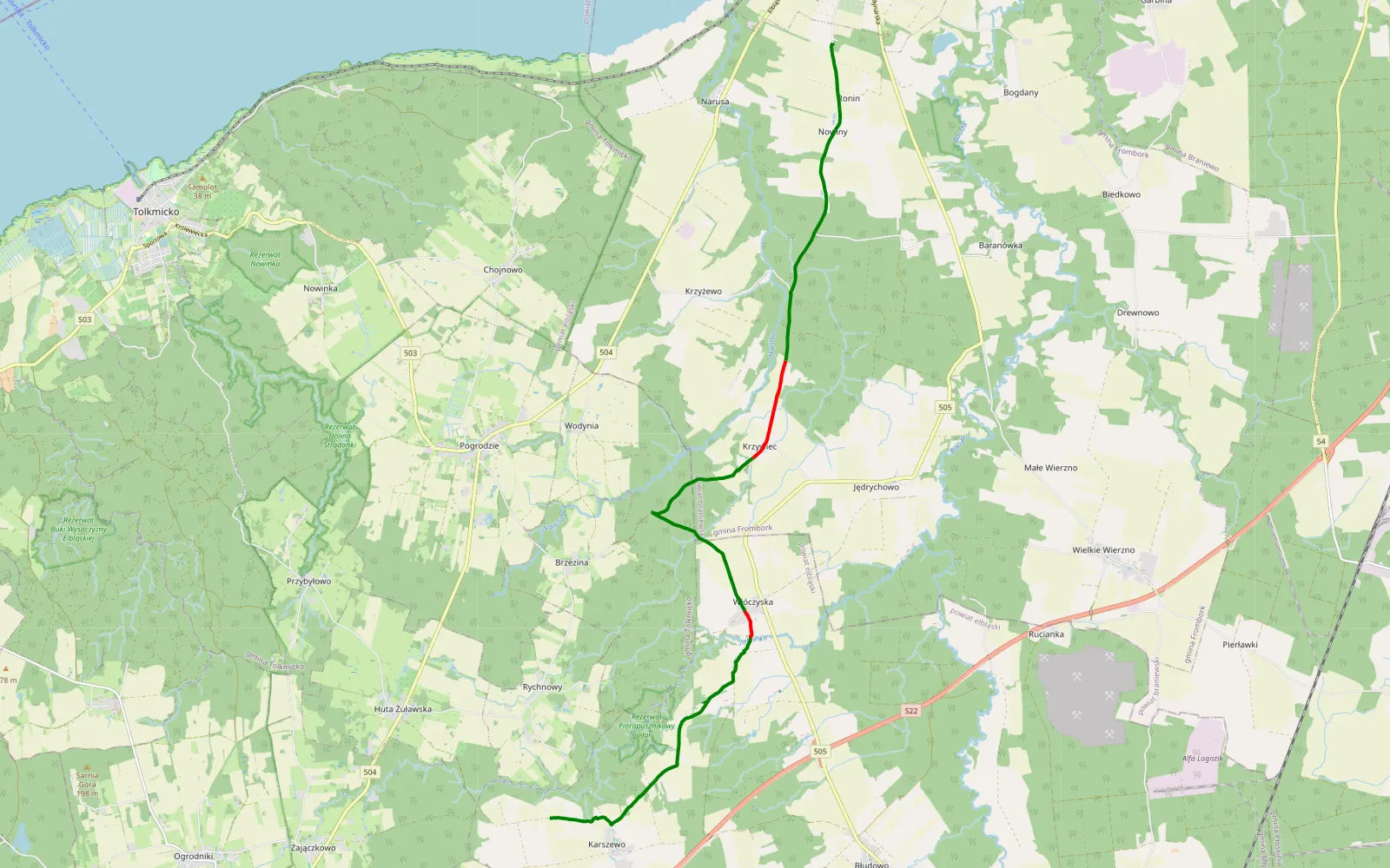 Mapa trasy Milejewo - Frombork - 14.6 km trasy offroad, Powiat Elbląski
