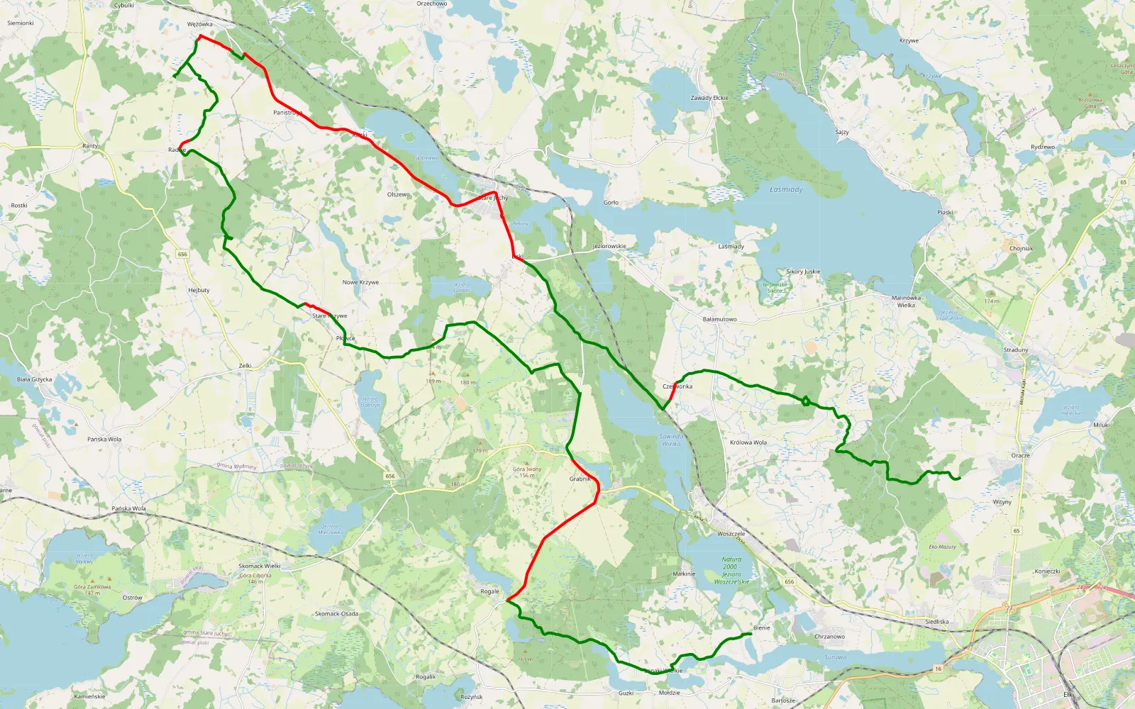 Mapa trasy Bienie - Oracze - 50.9 km trasy offroad, Powiat Ełcki