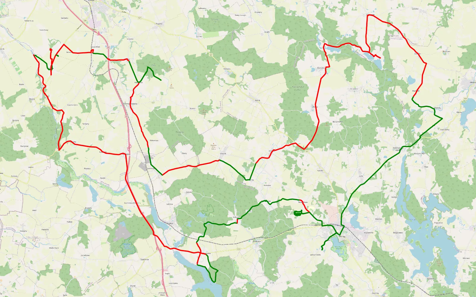 Mapa trasy Morąg - 119.5 km trasy offroad, Powiat Ostródzki