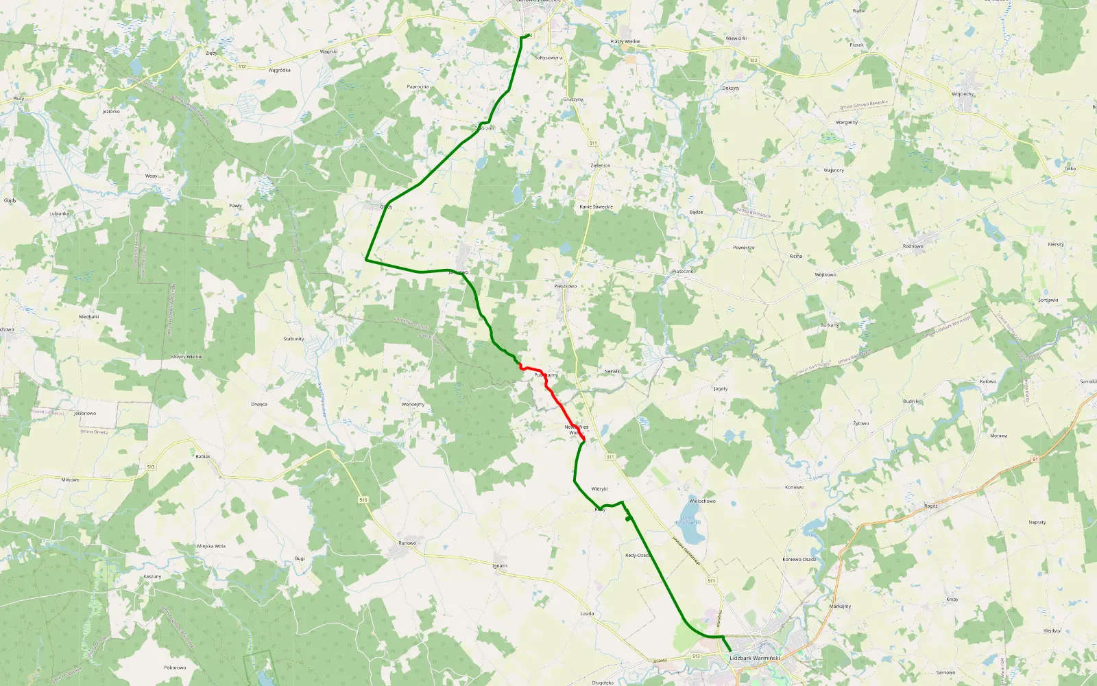 Mapa trasy Gotowi le - 8.7 km trasy offroad, Powiat Lidzbarski