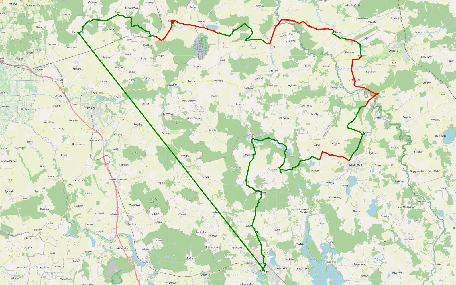 Mapa trasy Morąg - Borzynowo - 67.1 km trasy offroad, Powiat Ostródzki