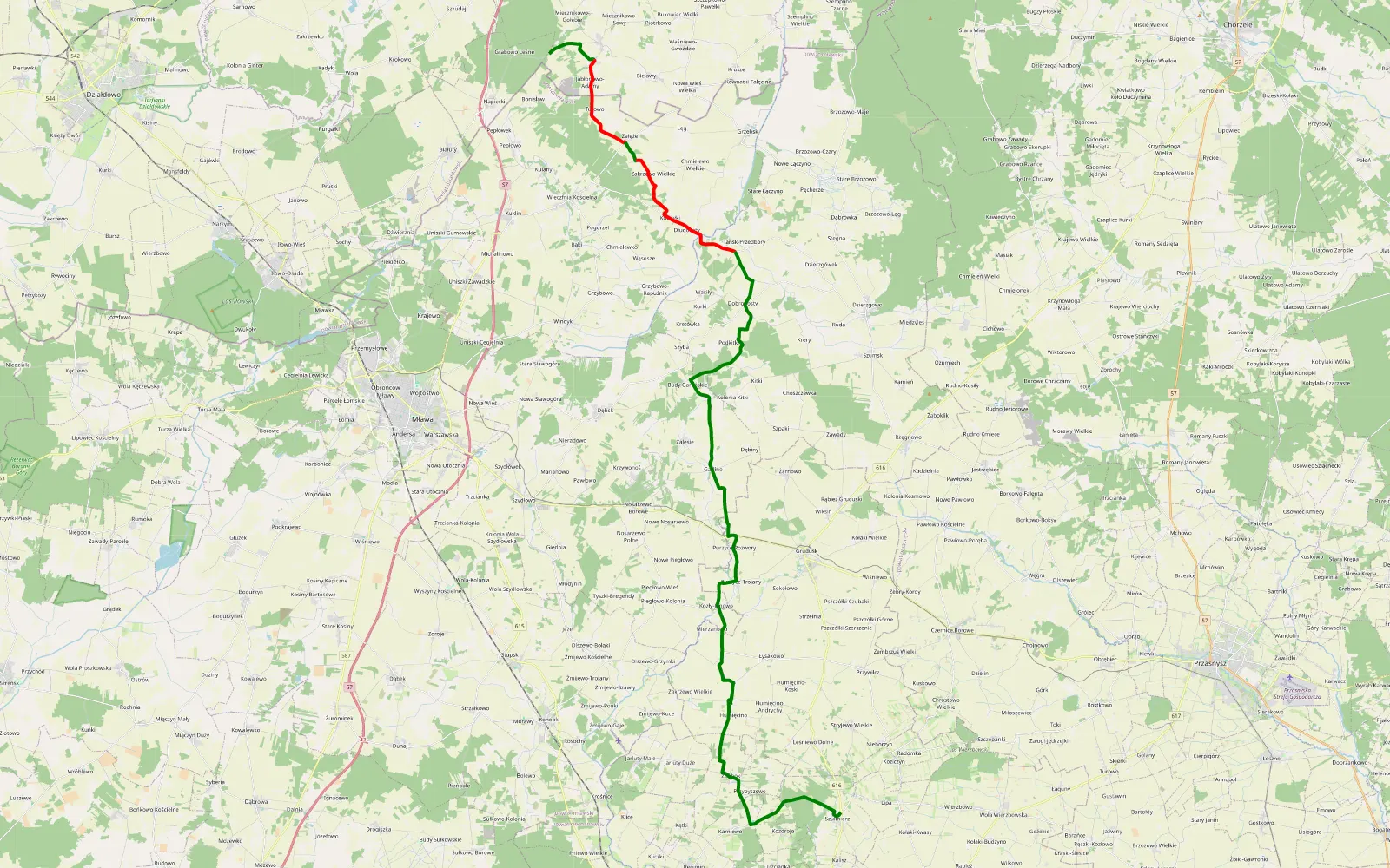 Map of Miecznikowo Gołębie - Szulmierz - 14.8 km offroad trail, Mława County