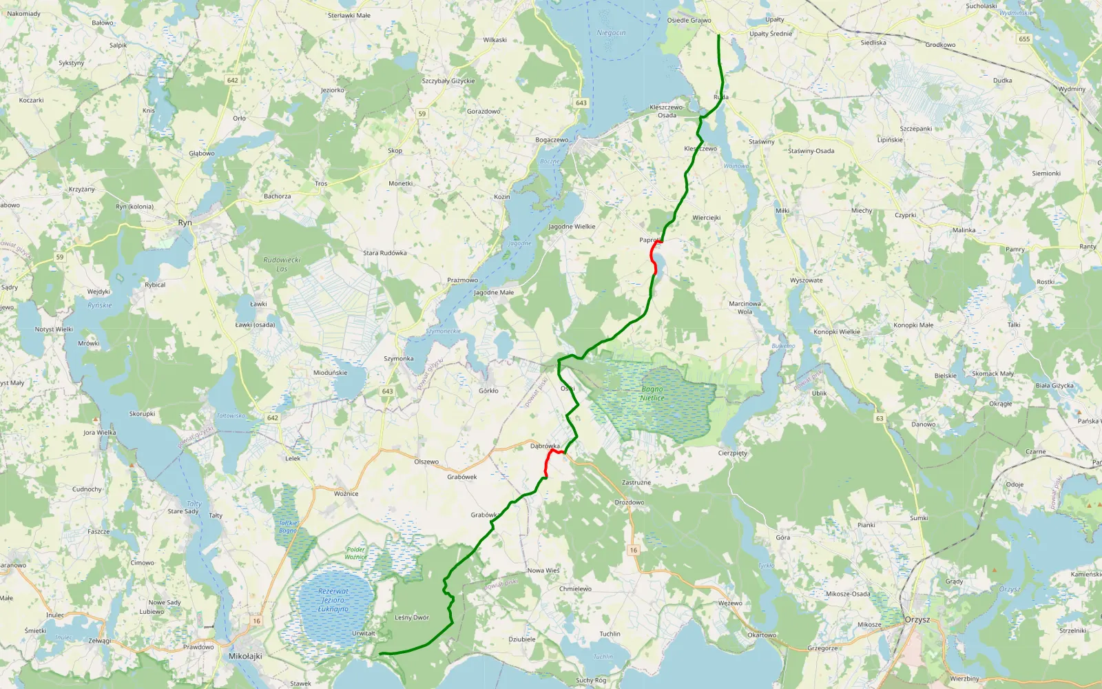 Map of Mikołajki - Łuknajno - Giżycko. Szutrami - 26.9 km offroad trail, Giżycko County