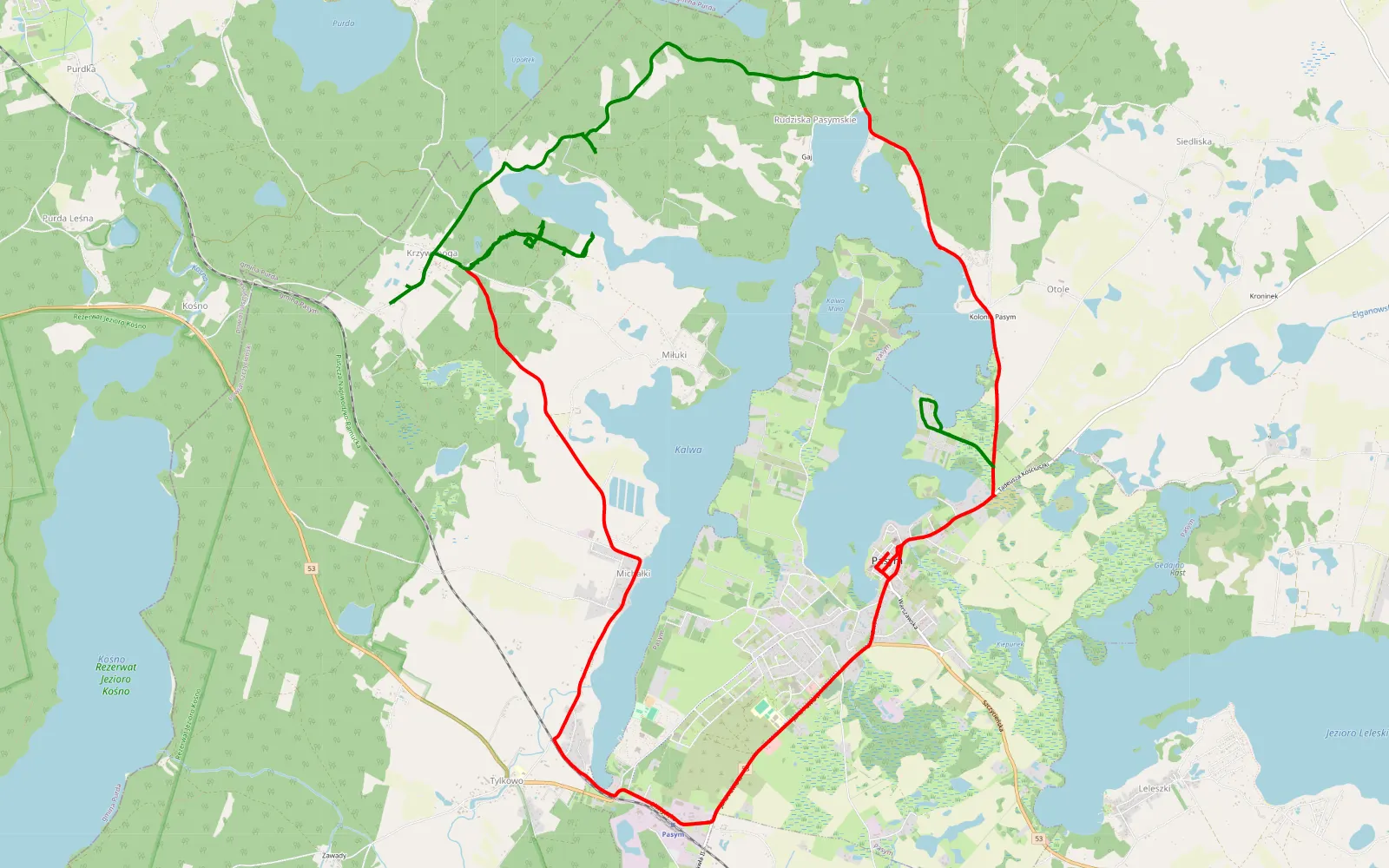Mapa trasy Krzywonoga - Dom pod dobrym Aniołem - 25.7 km trasy offroad, Powiat Szczycieński