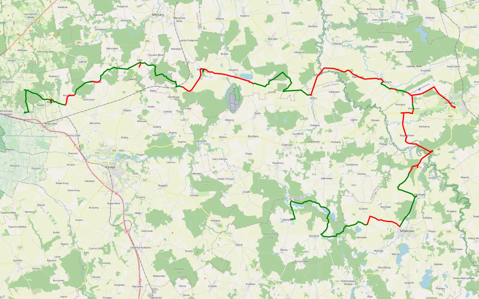 Mapa trasy Myślęcin - Markowo - 89.5 km trasy offroad, Powiat Elbląski