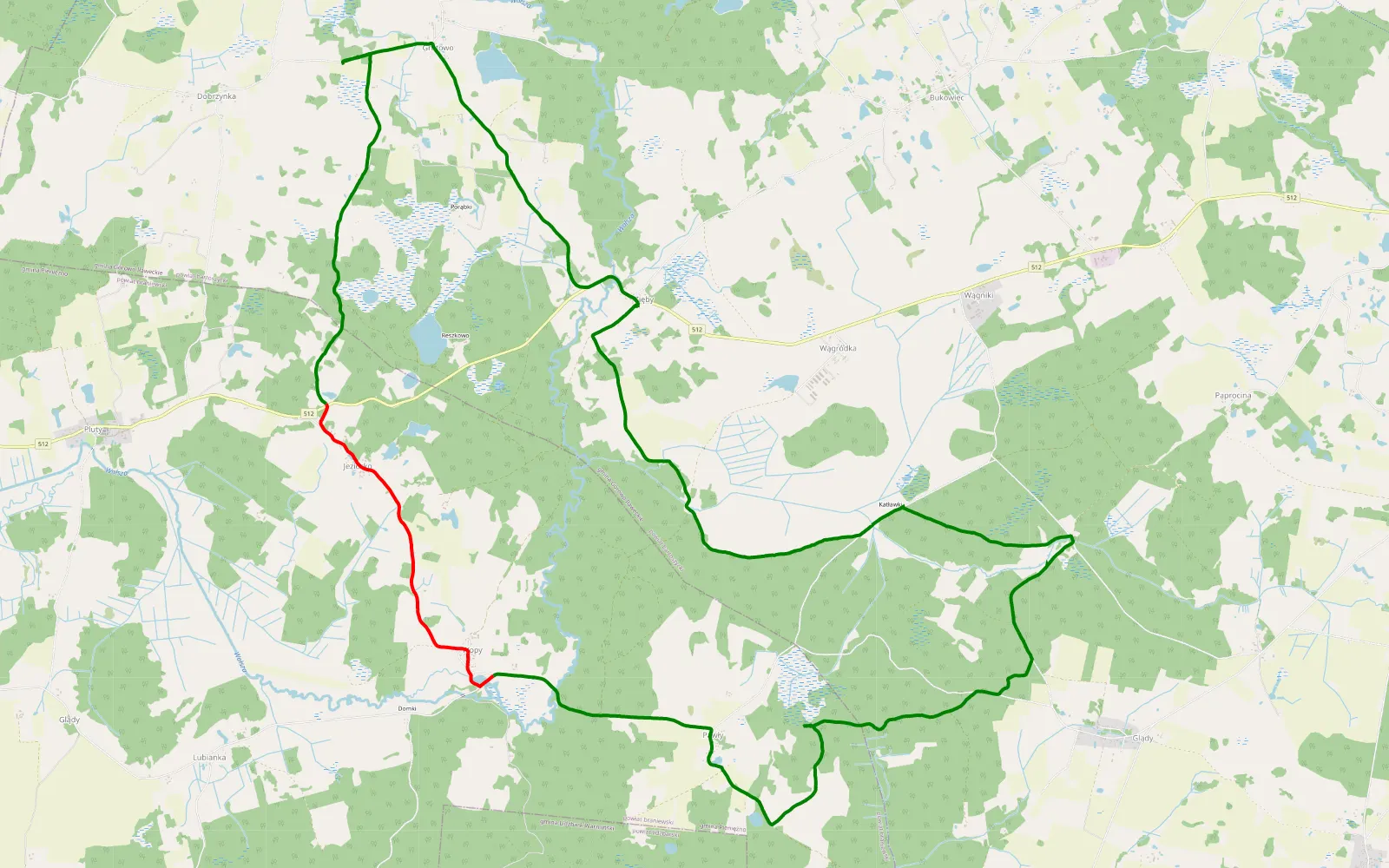 Mapa trasy Zięby -Glądy- Zięby - 22.5 km trasy offroad, Powiat Bartoszycki