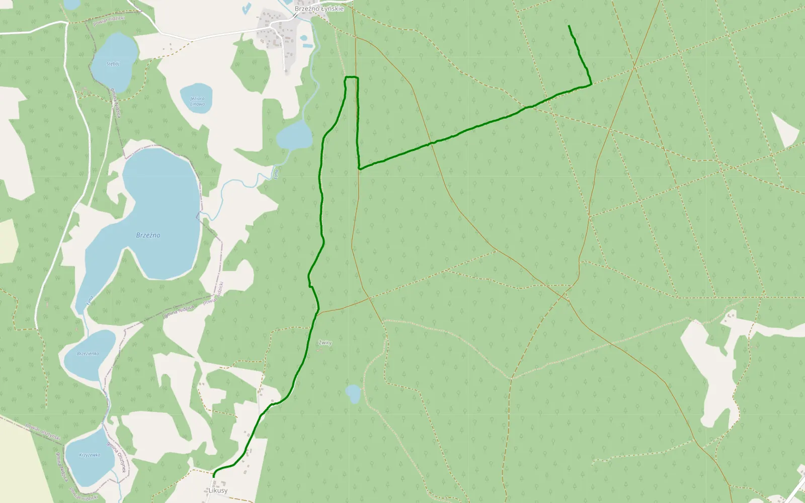 Map of Brzeźno Łyńskie - Likusy - 5.4 km offroad trail, Nidzica County