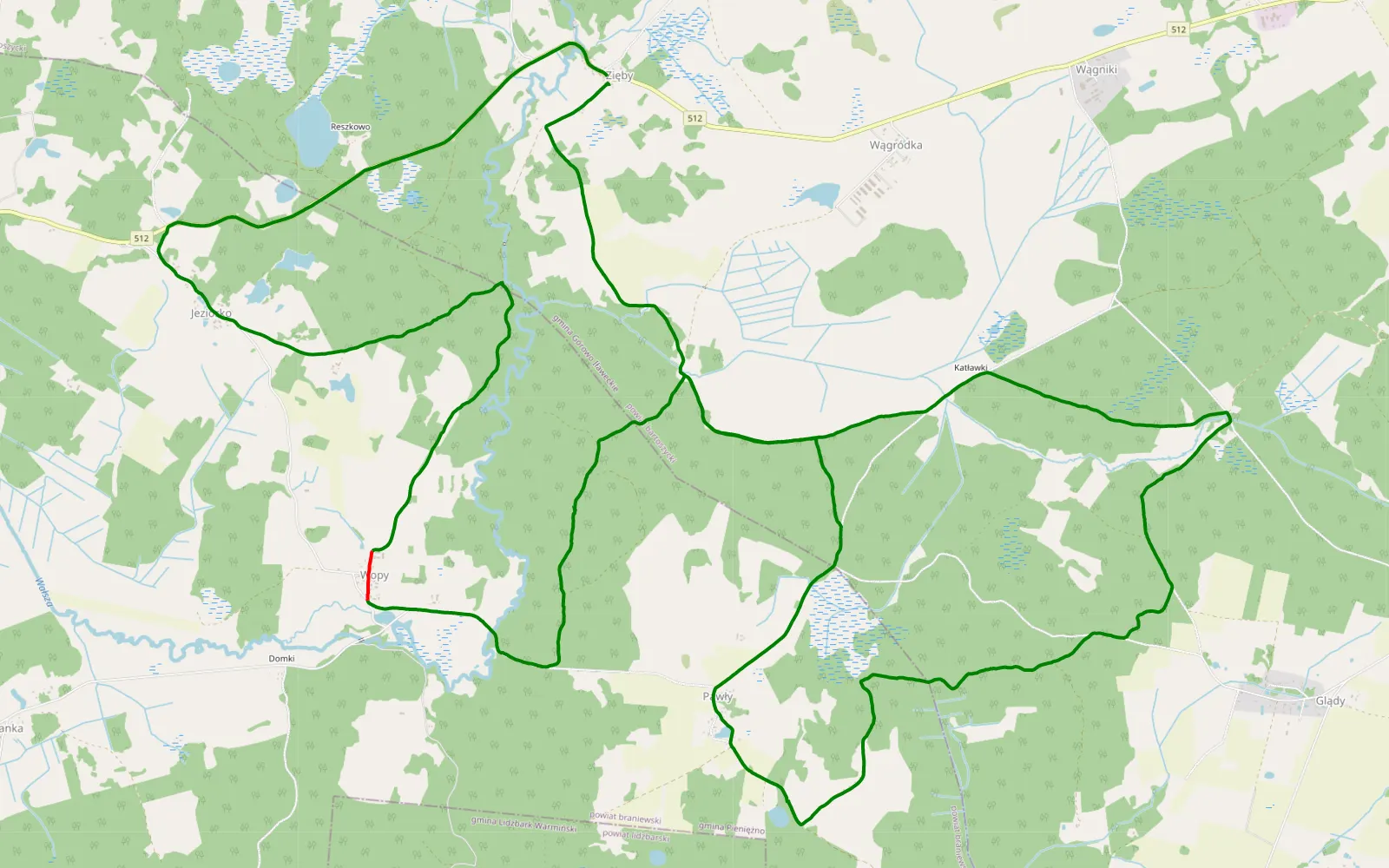 Mapa trasy Zięby - 24.2 km trasy offroad, Powiat Bartoszycki