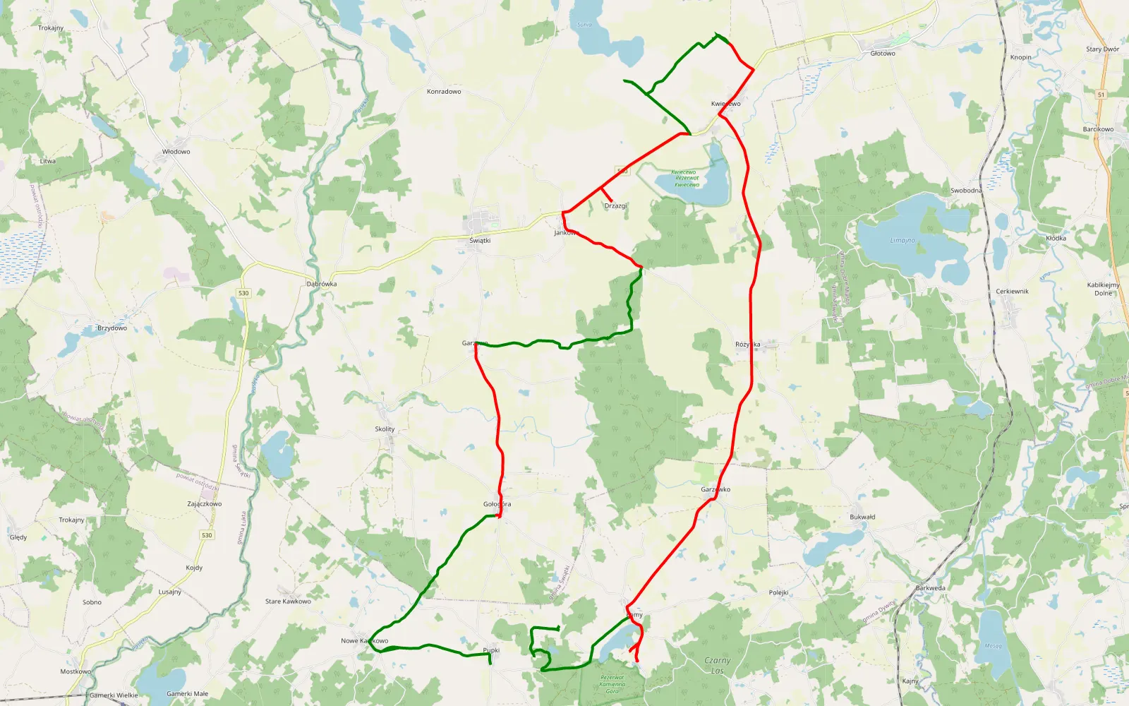 Mapa trasy Pupki - 43.4 km trasy offroad, Powiat Olsztyński