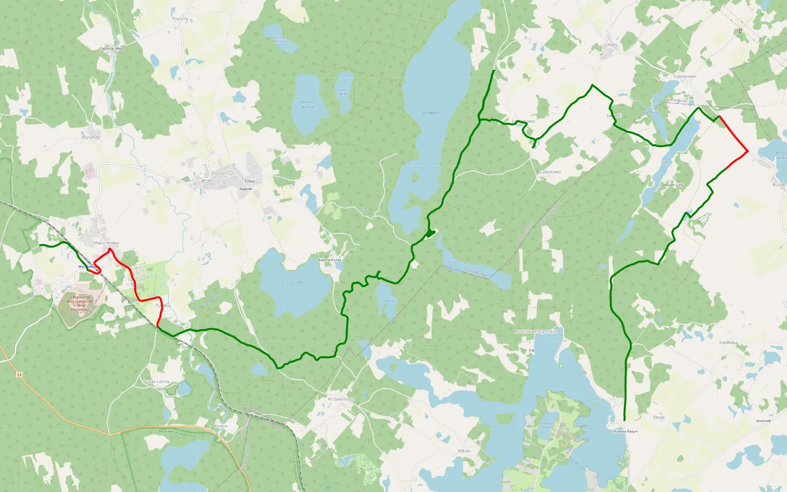 Mapa trasy Marcinkowo - Otole - 28.8 km trasy offroad, Powiat Olsztyński