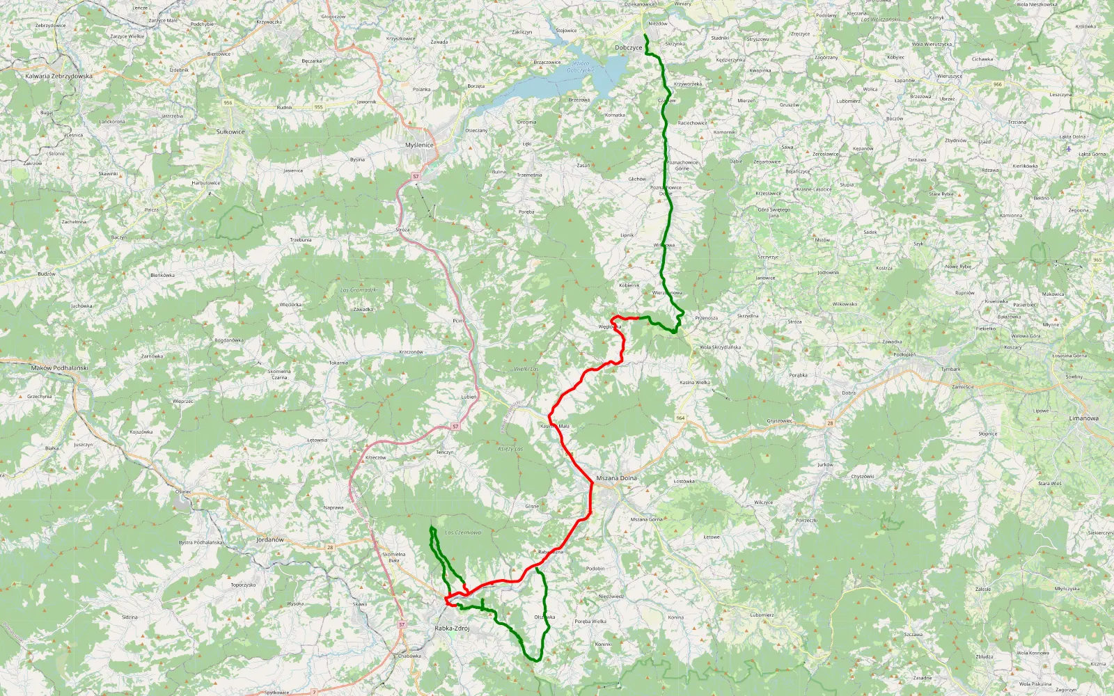 Mapa trasy Dobczyce - Raba Niżna - 47.1 km trasy offroad, Powiat Nowotarski