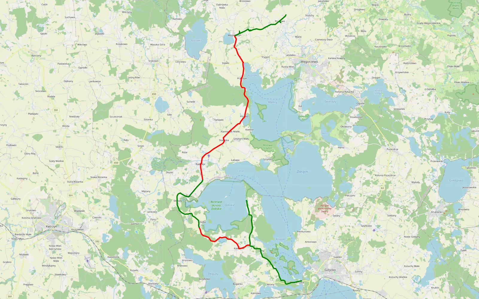 Mapa trasy Wilkasy - Prynowo - 42.7 km trasy offroad, Powiat Węgorzewski