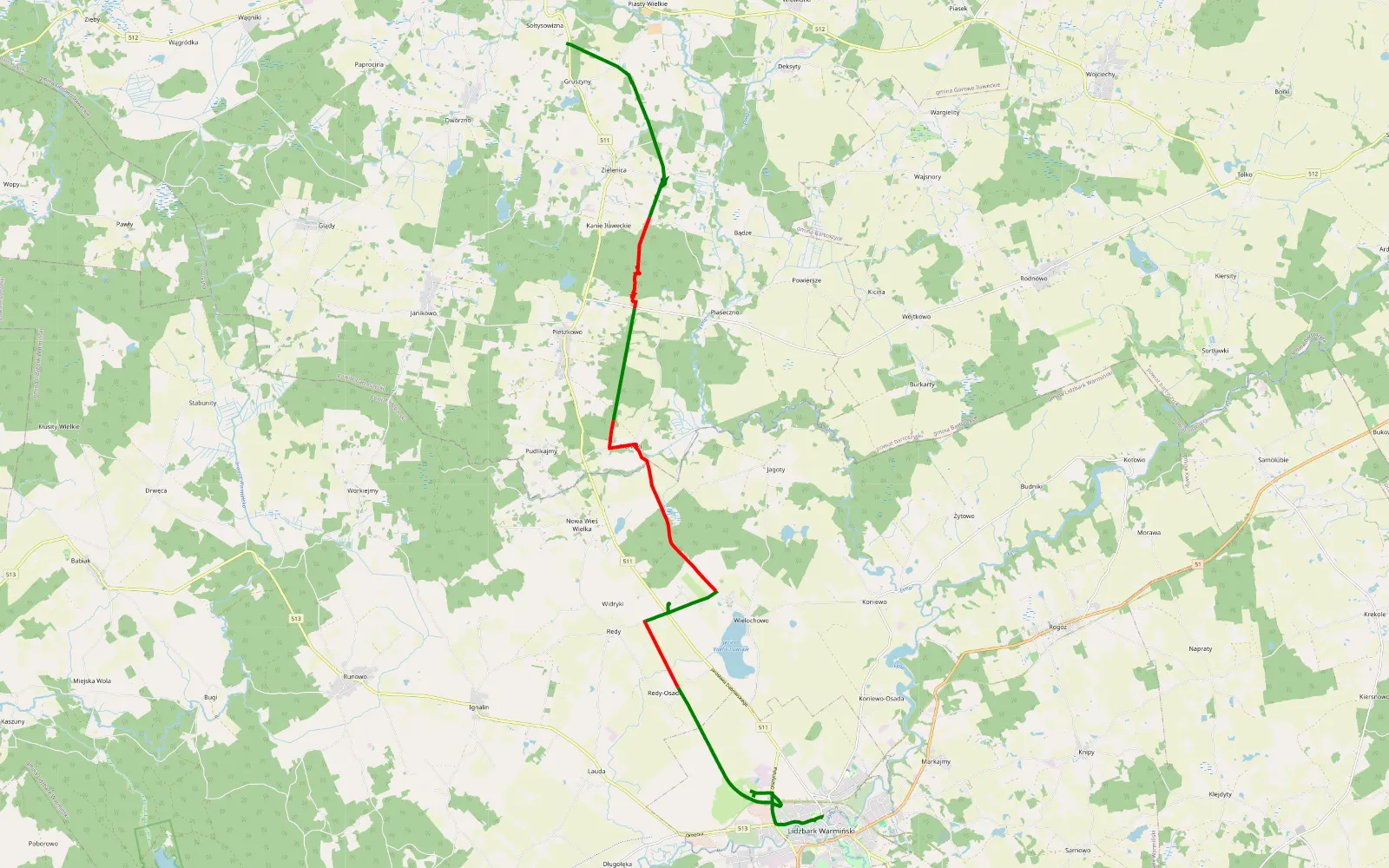 Mapa trasy Lidzbark Warmiński - Gruszyny - 20.5 km trasy offroad, Powiat Bartoszycki