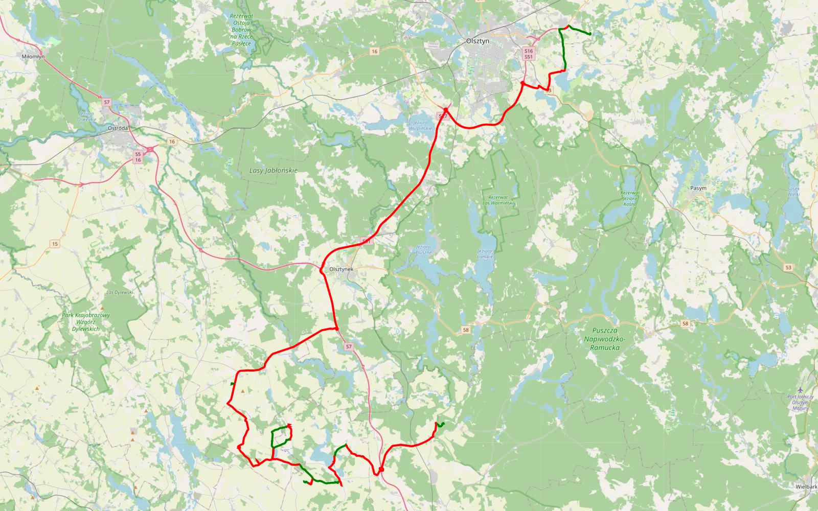 Mapa trasy Bogdany - Orłowo - 118.1 km trasy offroad, Powiat Olsztyński