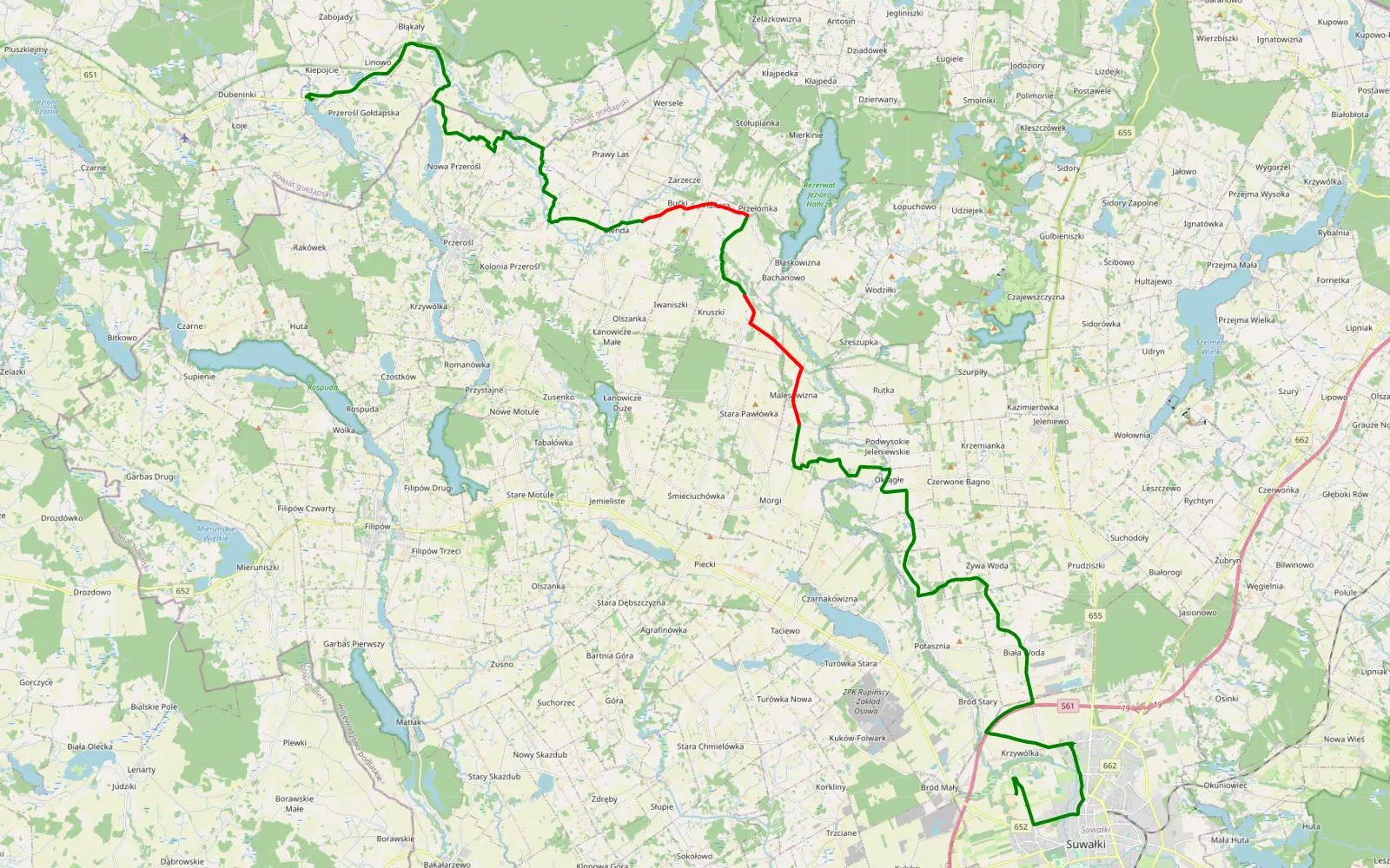 Map of Barcie - Krzywólka - 25.4 km offroad trail, Suwałki County