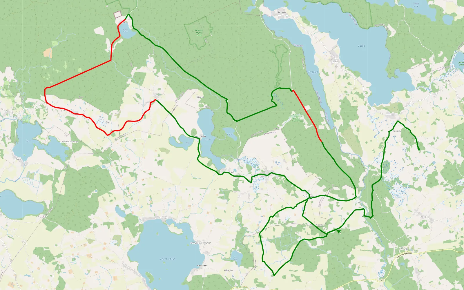Mapa trasy Rogojny - Jelonek - 40.4 km trasy offroad, Powiat Giżycki