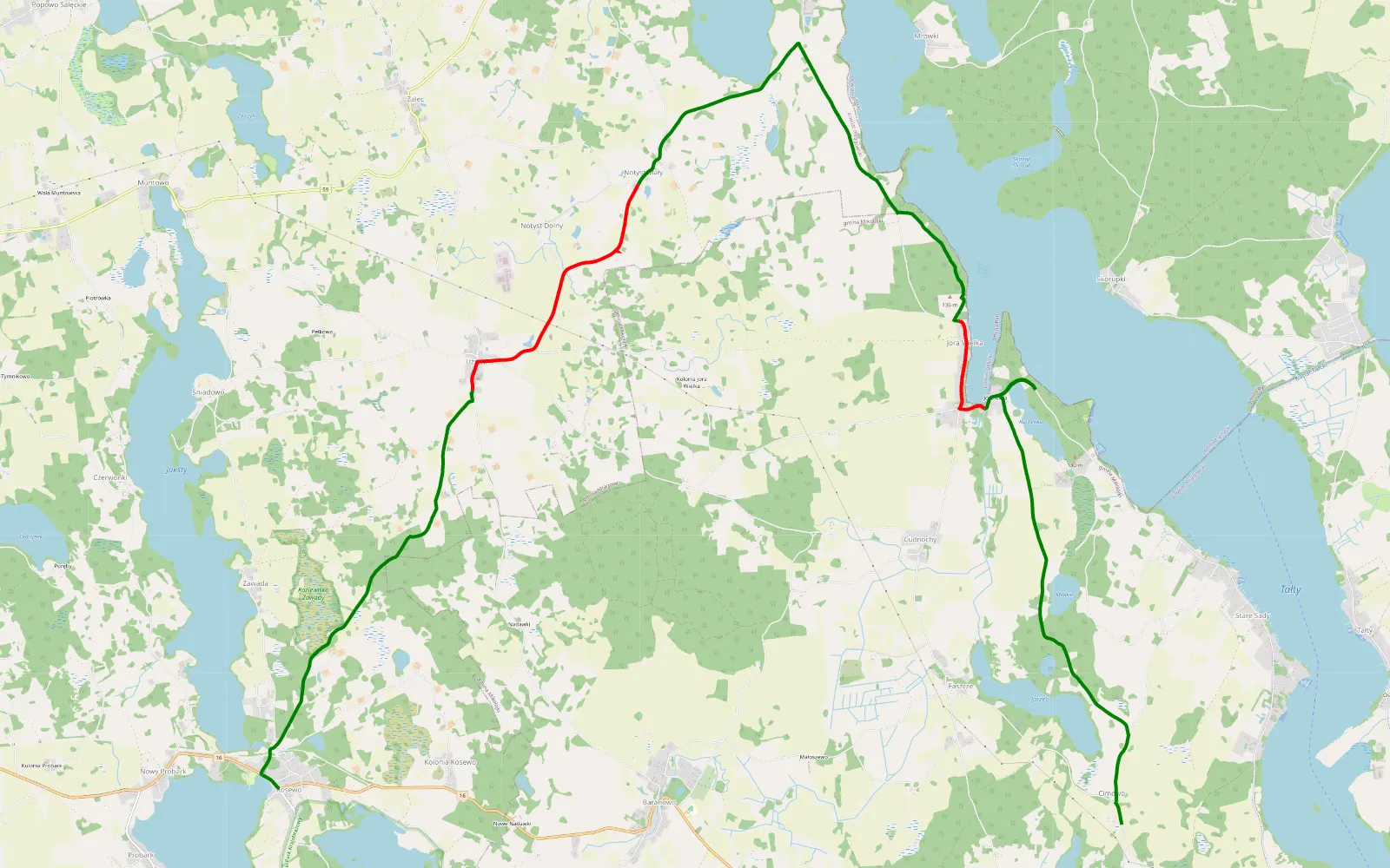 Mapa trasy Nowe Sady - Kosewo - 21.3 km trasy offroad, Powiat Mrągowski