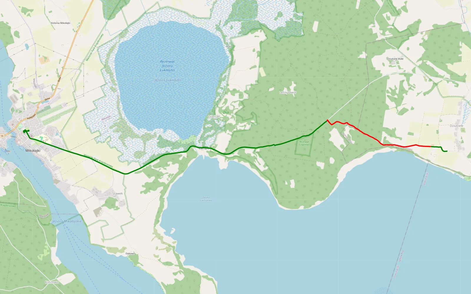 Mapa trasy Dziubiele - Mikołajki - 9.6 km trasy offroad, Powiat Mrągowski