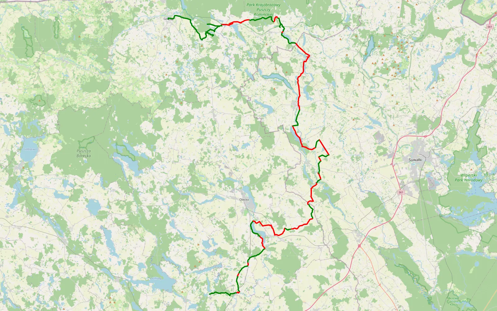 Map of Płociczno - Gołdap - 110.9 km offroad trail, Suwałki County