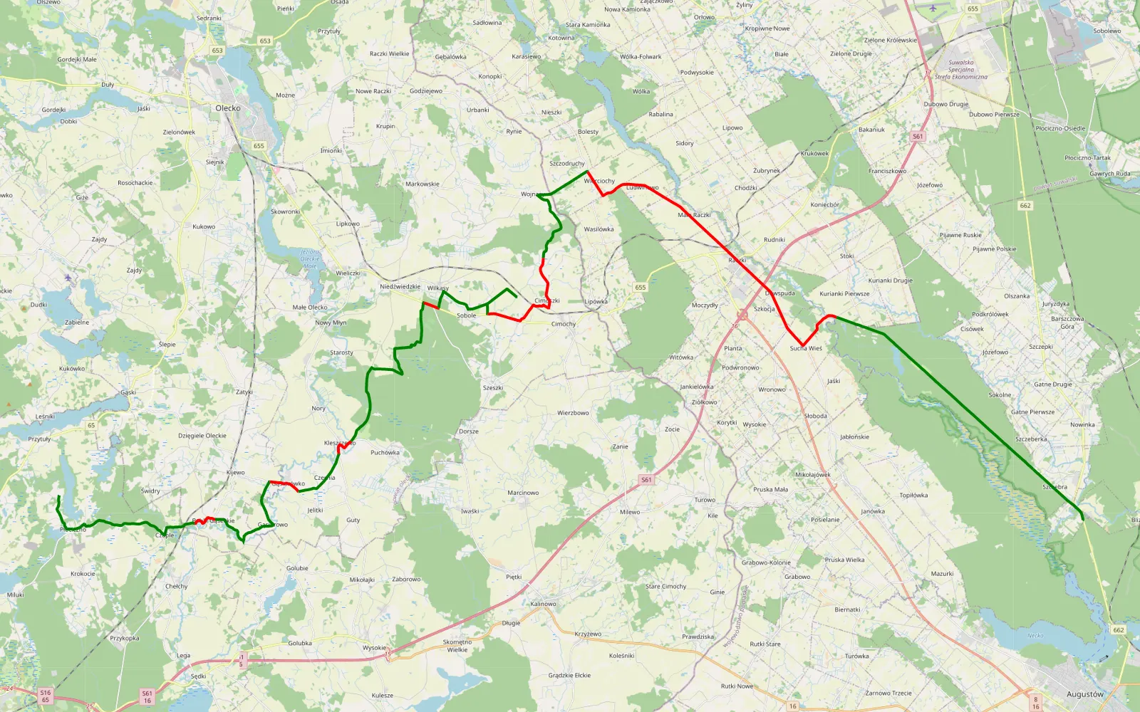 Mapa trasy Płociczno - Szczebra - 61.4 km trasy offroad, Powiat Olecki