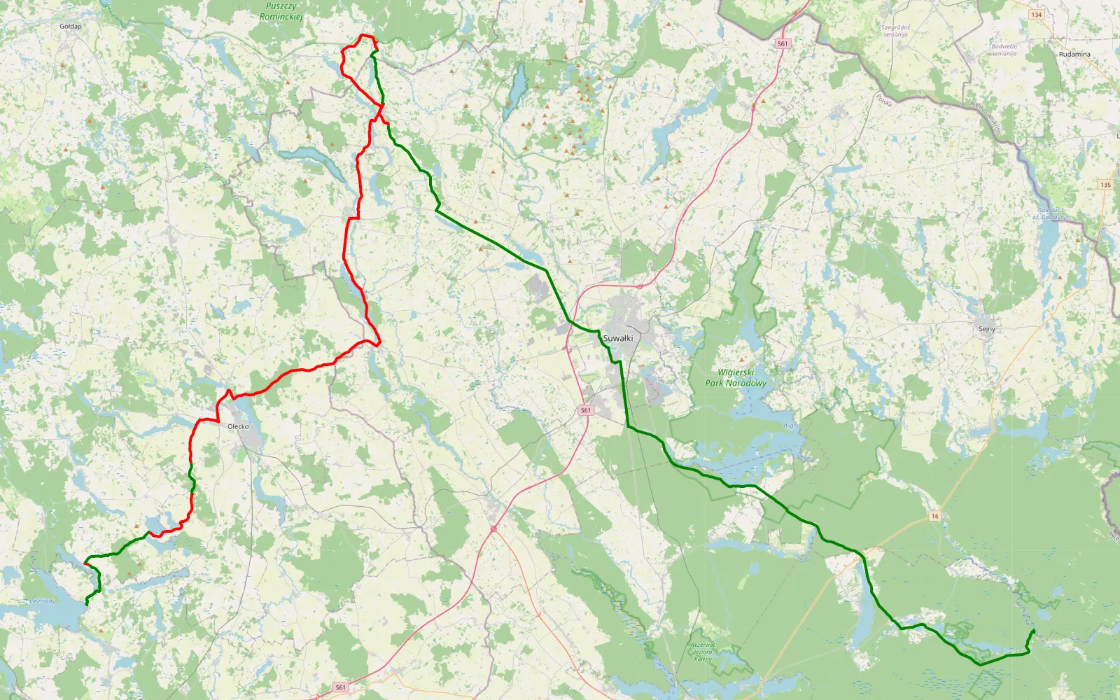 Map of Piaski - Milaszóka - 83.8 km offroad trail, Olecko County