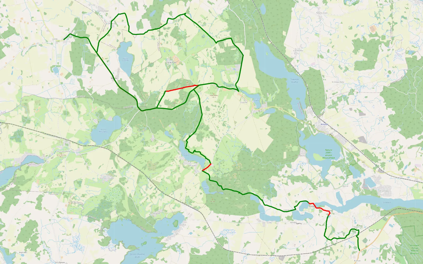 Mapa trasy Bartosze - Zelki - 28.5 km trasy offroad, Powiat Ełcki