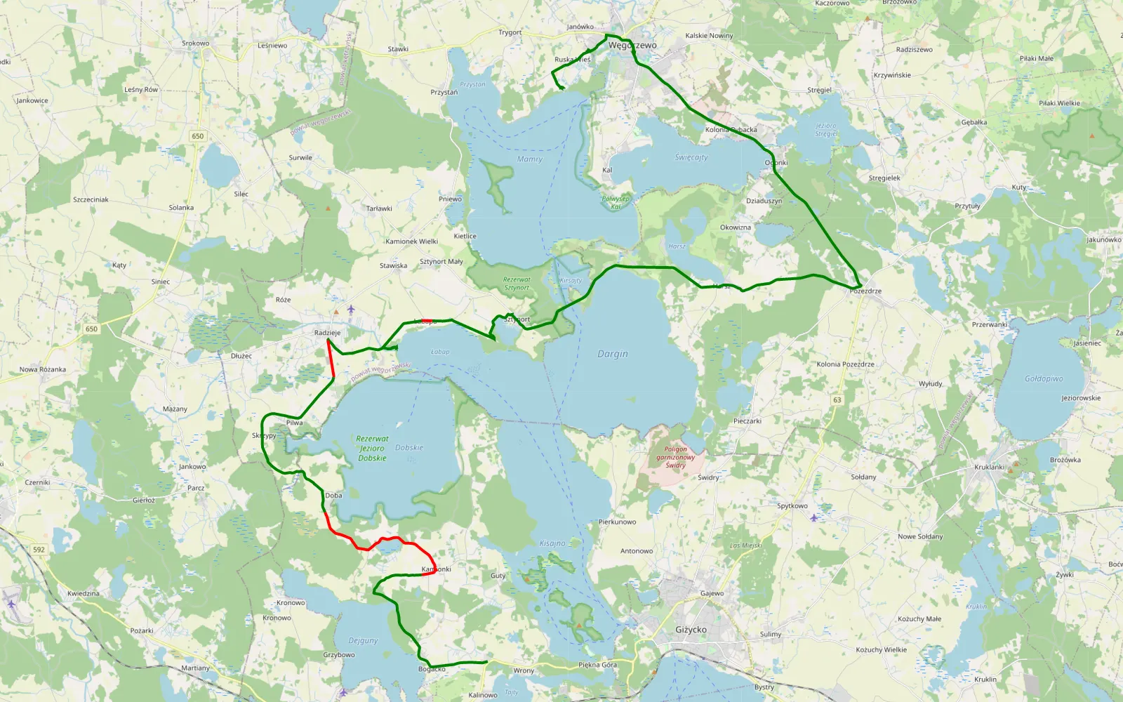 Mapa trasy Trygort - Wrony - 27.3 km trasy offroad, Powiat Węgorzewski