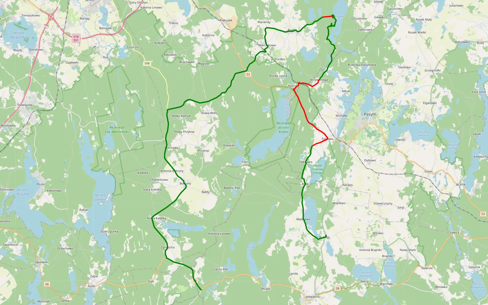 Map of Burdąg - Czarny Piec - 26.1 km offroad trail, Szczytno County
