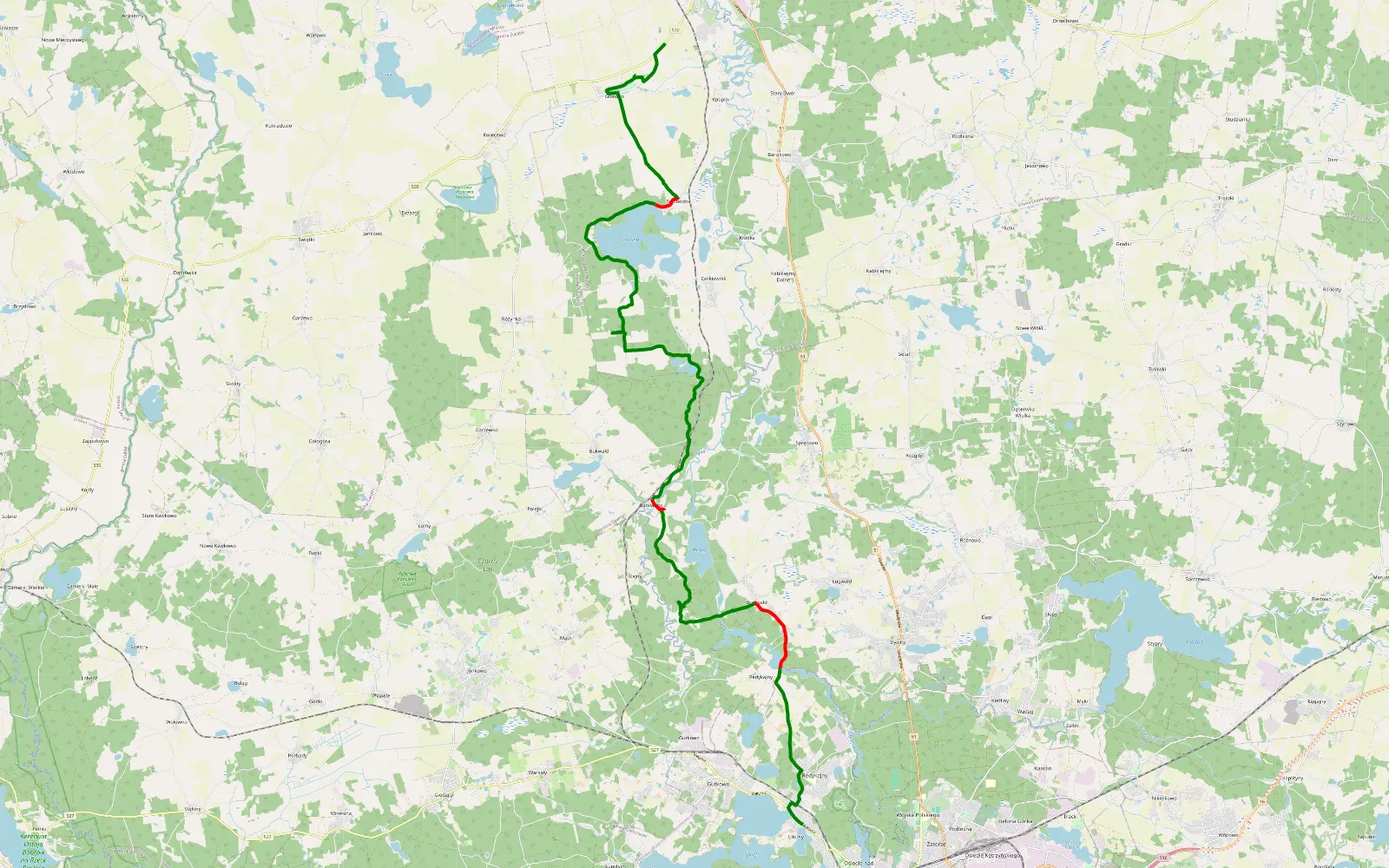 Map of Likusy - Głotowo - 27.9 km offroad trail, Olsztyn County