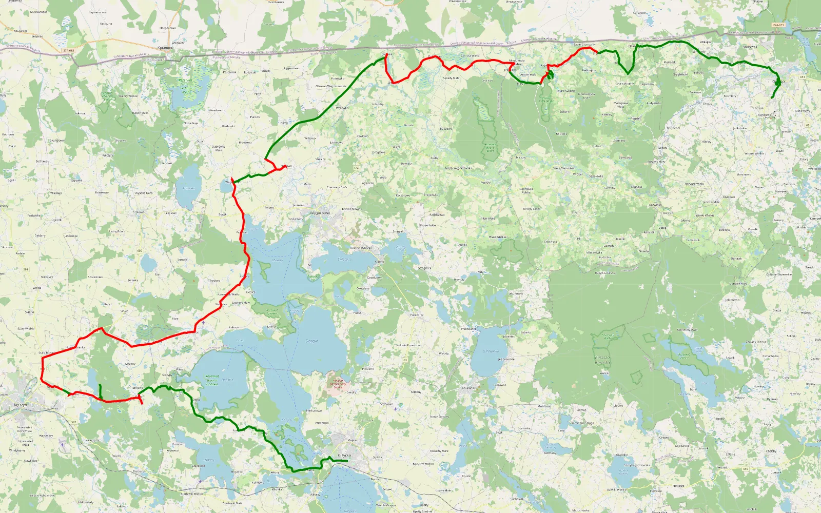 Map of Giżycko - Gołdap - 105.9 km offroad trail, Węgorzewo County