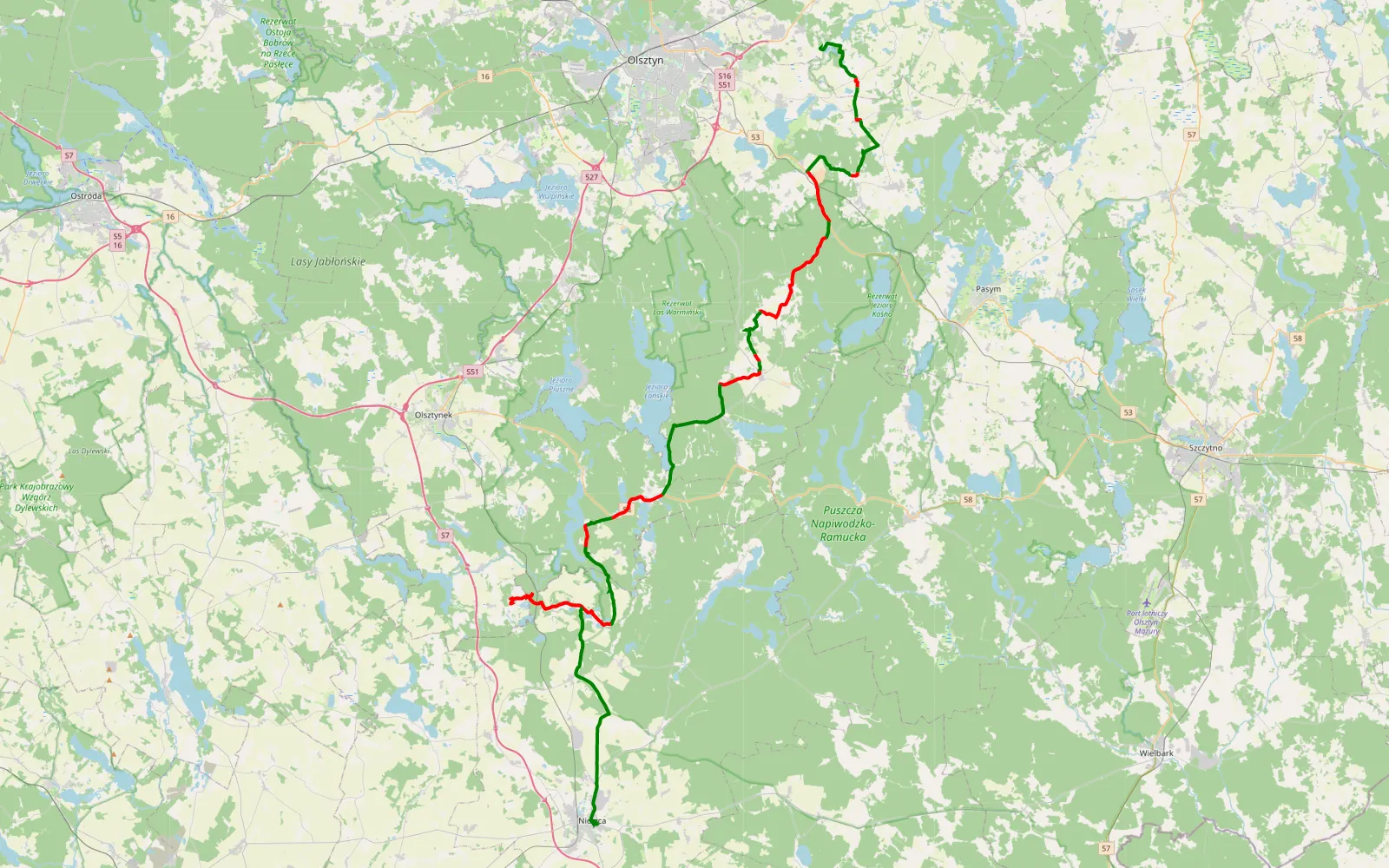 Map of Bogdany - Nidzica - 74.5 km offroad trail, Olsztyn County
