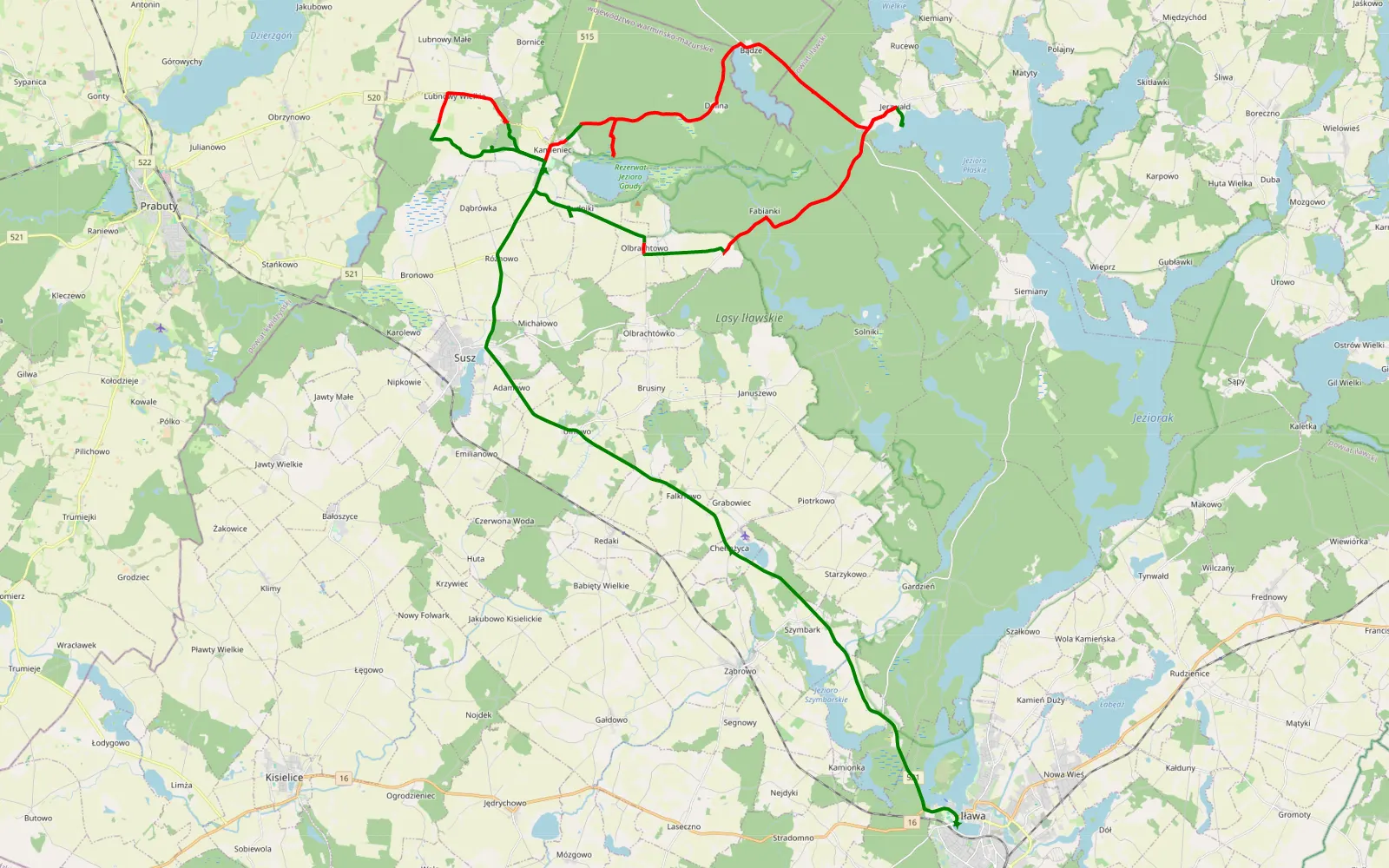 Mapa trasy Kamieniec - Iława - 38.5 km trasy offroad, Powiat Iławski