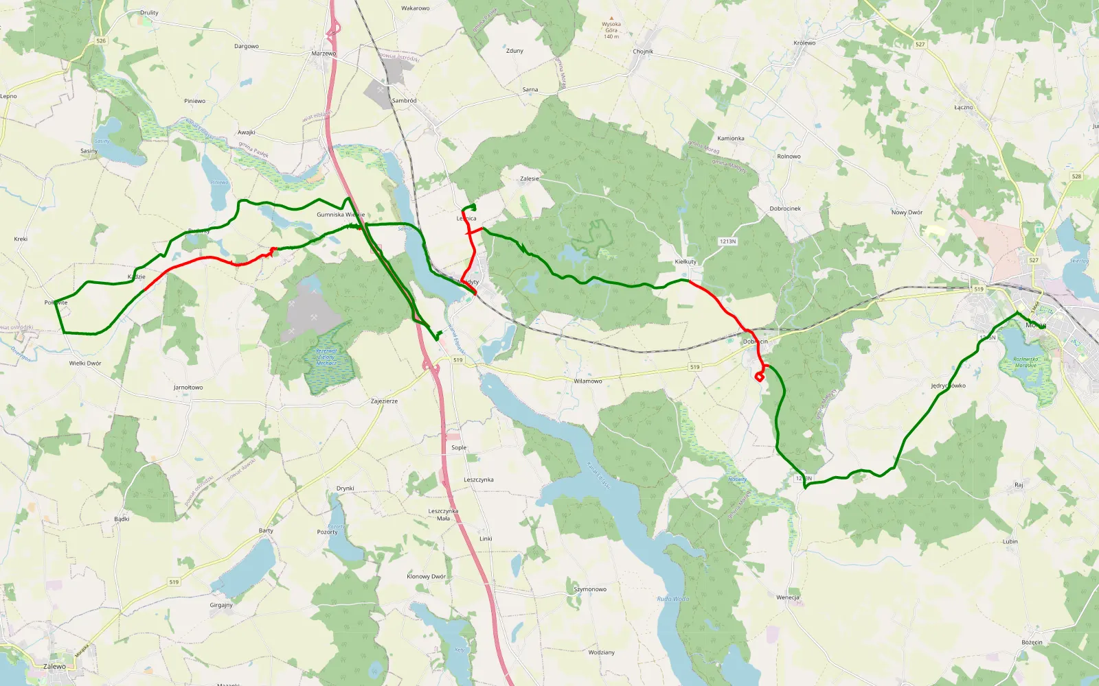 Mapa trasy Morąg - Małdyty - 32.6 km trasy offroad, Powiat Ostródzki