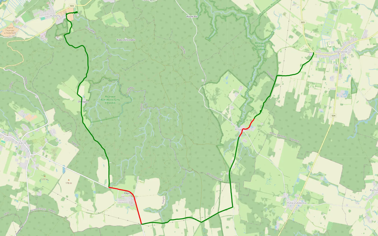 Mapa trasy Pogrodzie - Kadyny - 14.9 km trasy offroad, Powiat Elbląski