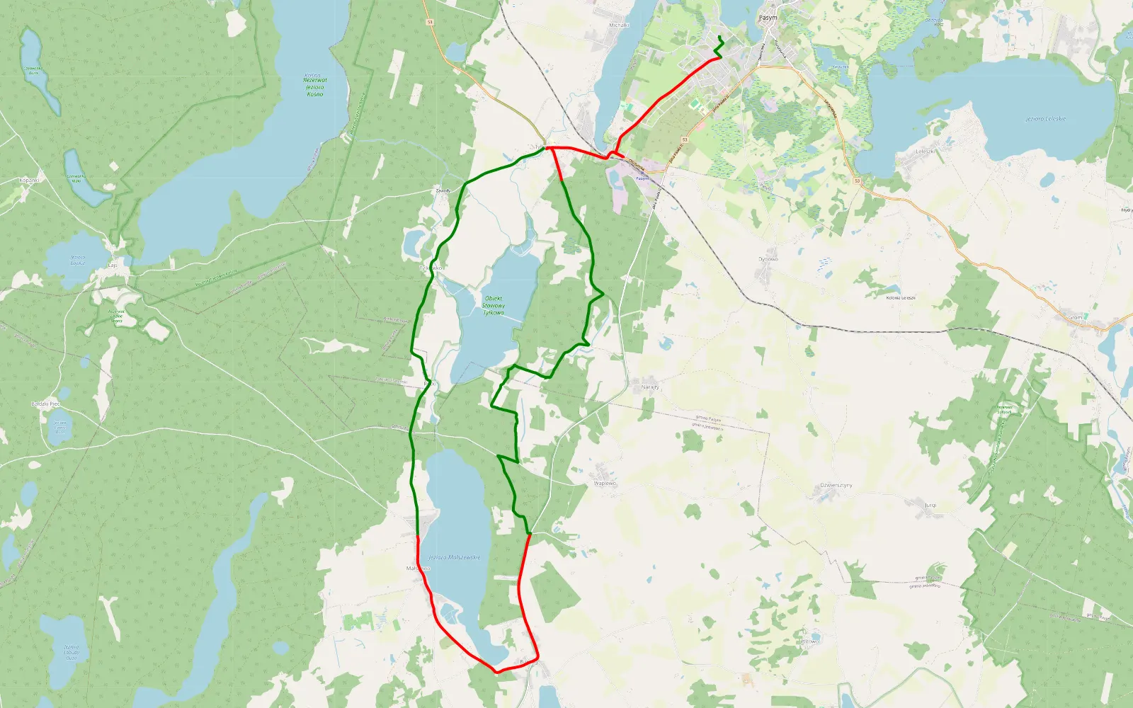 Mapa trasy Pasym - Tylkowo - 22.1 km trasy offroad, Powiat Szczycieński