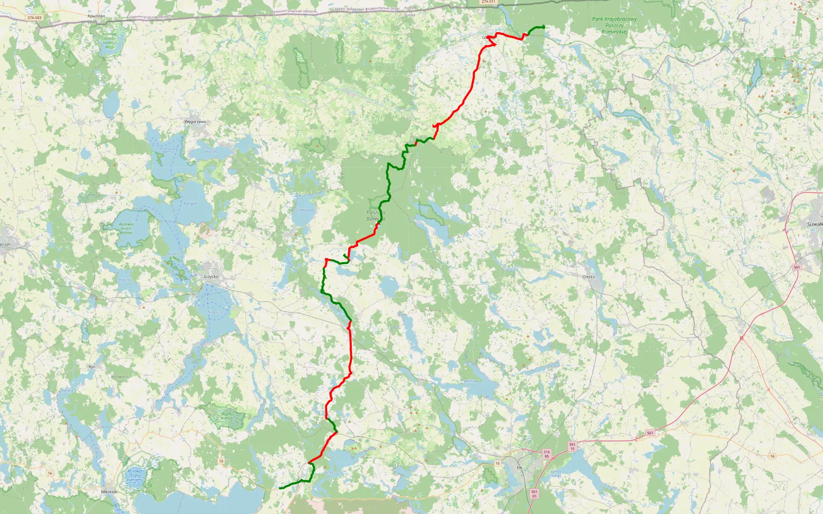 Map of Jurkiszki - Grzegorze zima - 95.4 km offroad trail, Giżycko County