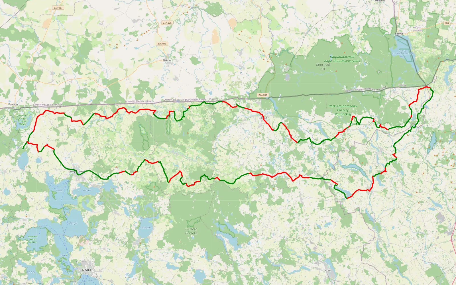 Map of Trasa nr 11 'Mazurska Włóczęga wzdłuż Rosyjskiej granicy' - 236 km offroad trail, Gołdap County