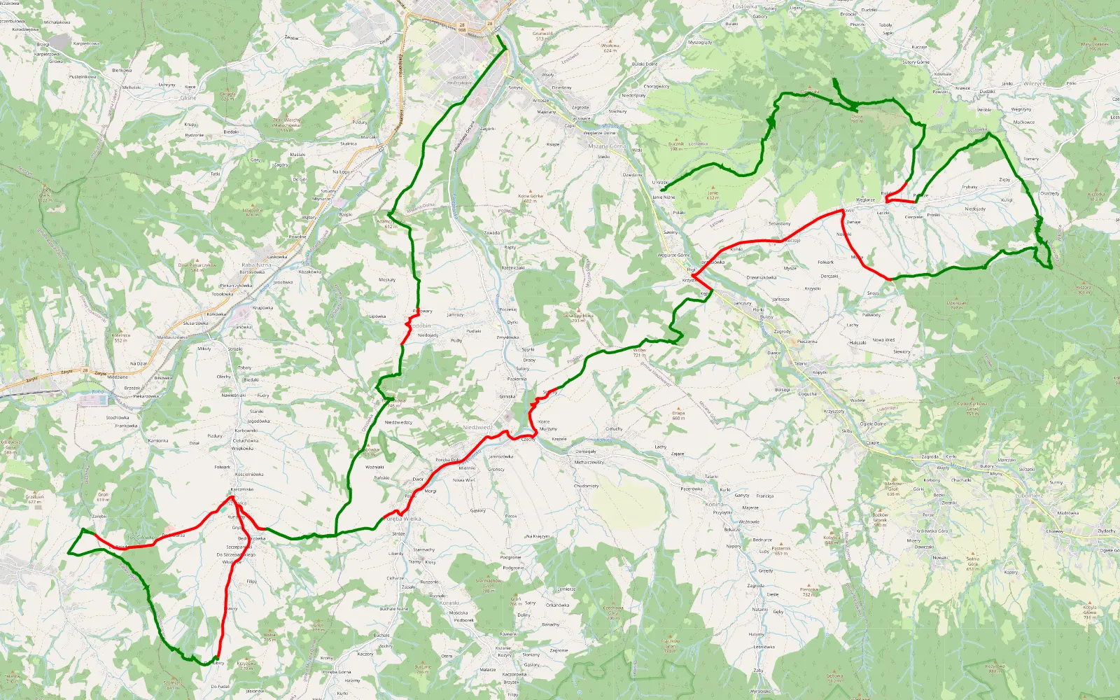 Map of Mszana Dolna - Mszana Górna - 49.9 km offroad trail, Limanowa County