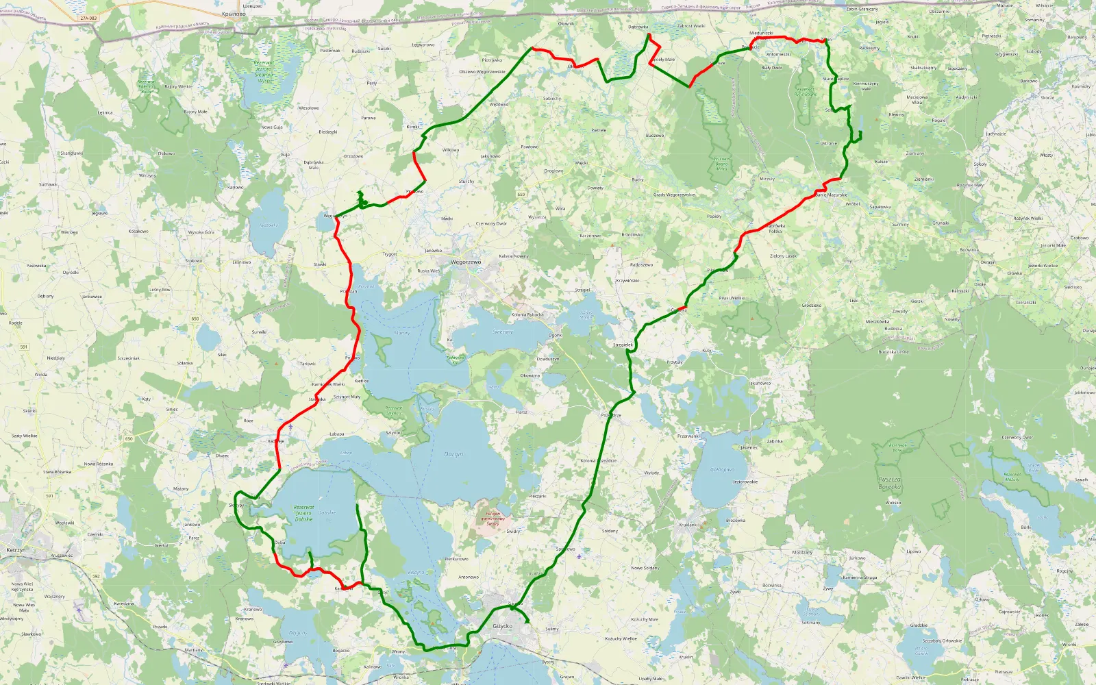 Map of Polen 2020 dag 6 - 103.3 km offroad trail, Węgorzewo County