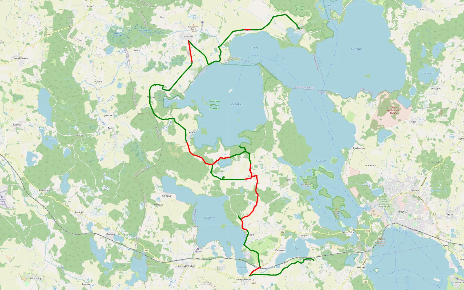 Mapa trasy Wronka - Sztynort - 42.8 km trasy offroad, Powiat Giżycki
