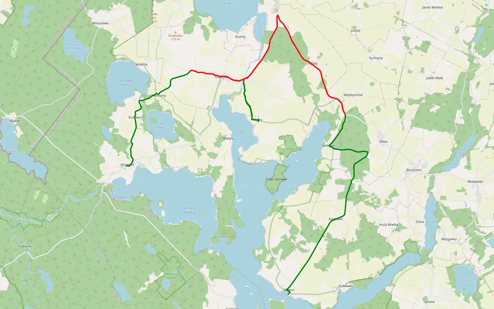 Mapa trasy Trasa Jerzwałd - Wieprz - 20.8 km trasy offroad, Powiat Iławski