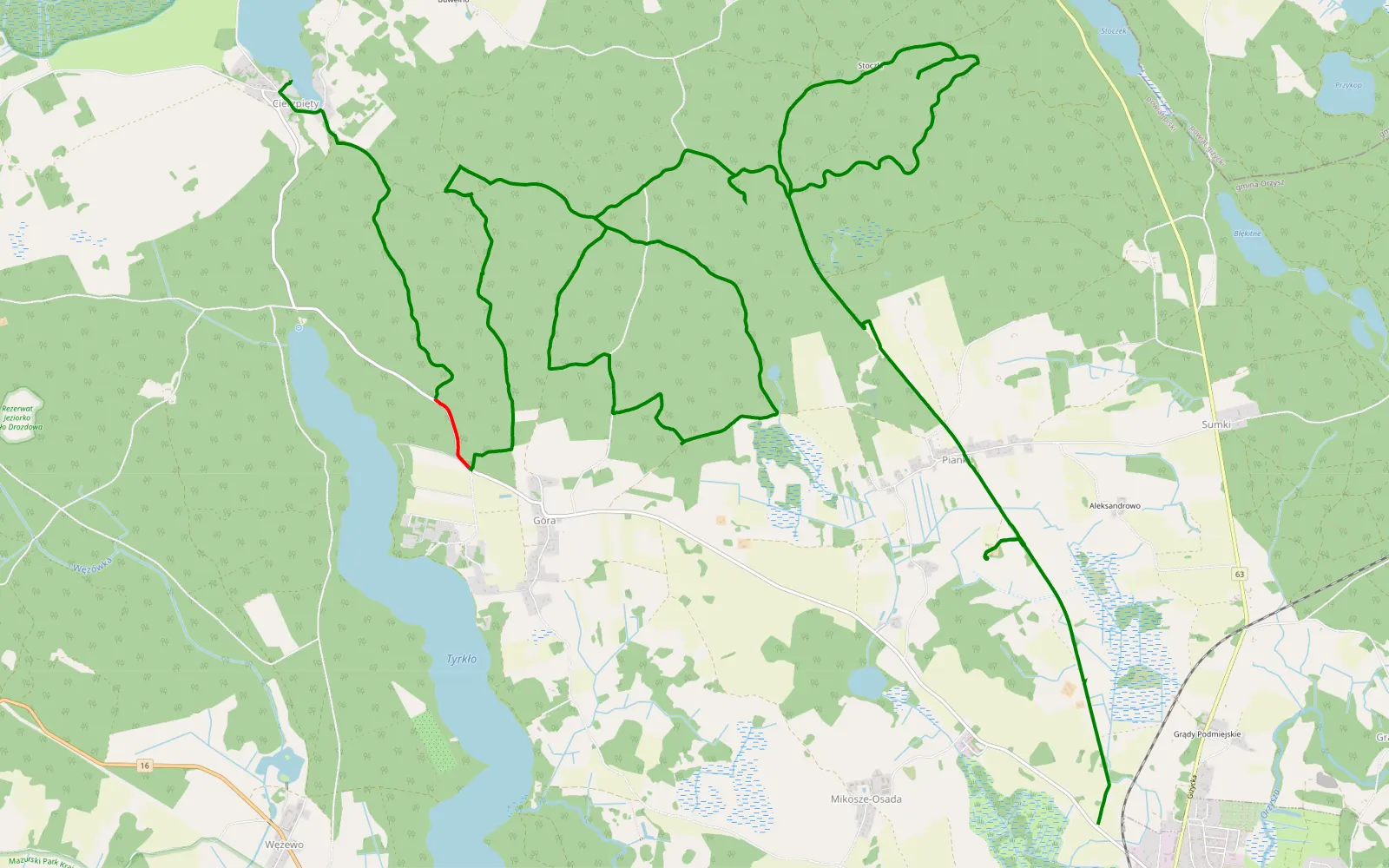 Mapa trasy Leśne oleandry (na północ od Orzysza) - 27.3 km trasy offroad, Powiat Piski