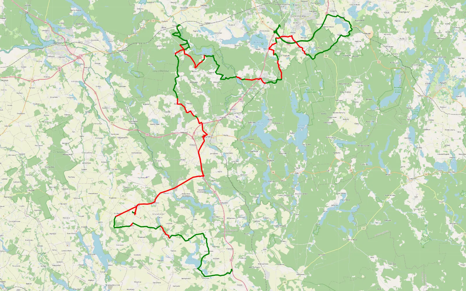 Map of Stary Olsztyn - Rączki - 115.9 km offroad trail, Olsztyn County