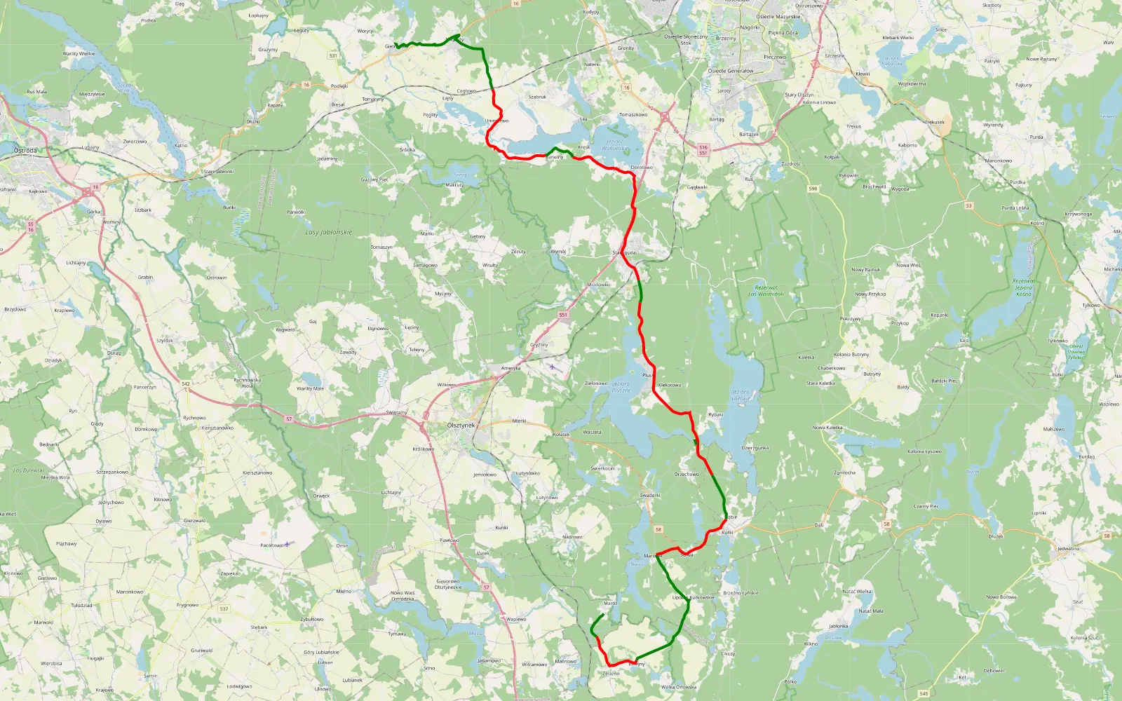 Map of Szlak Maróz - Gietrzwałd - 49.1 km offroad trail, Olsztyn County