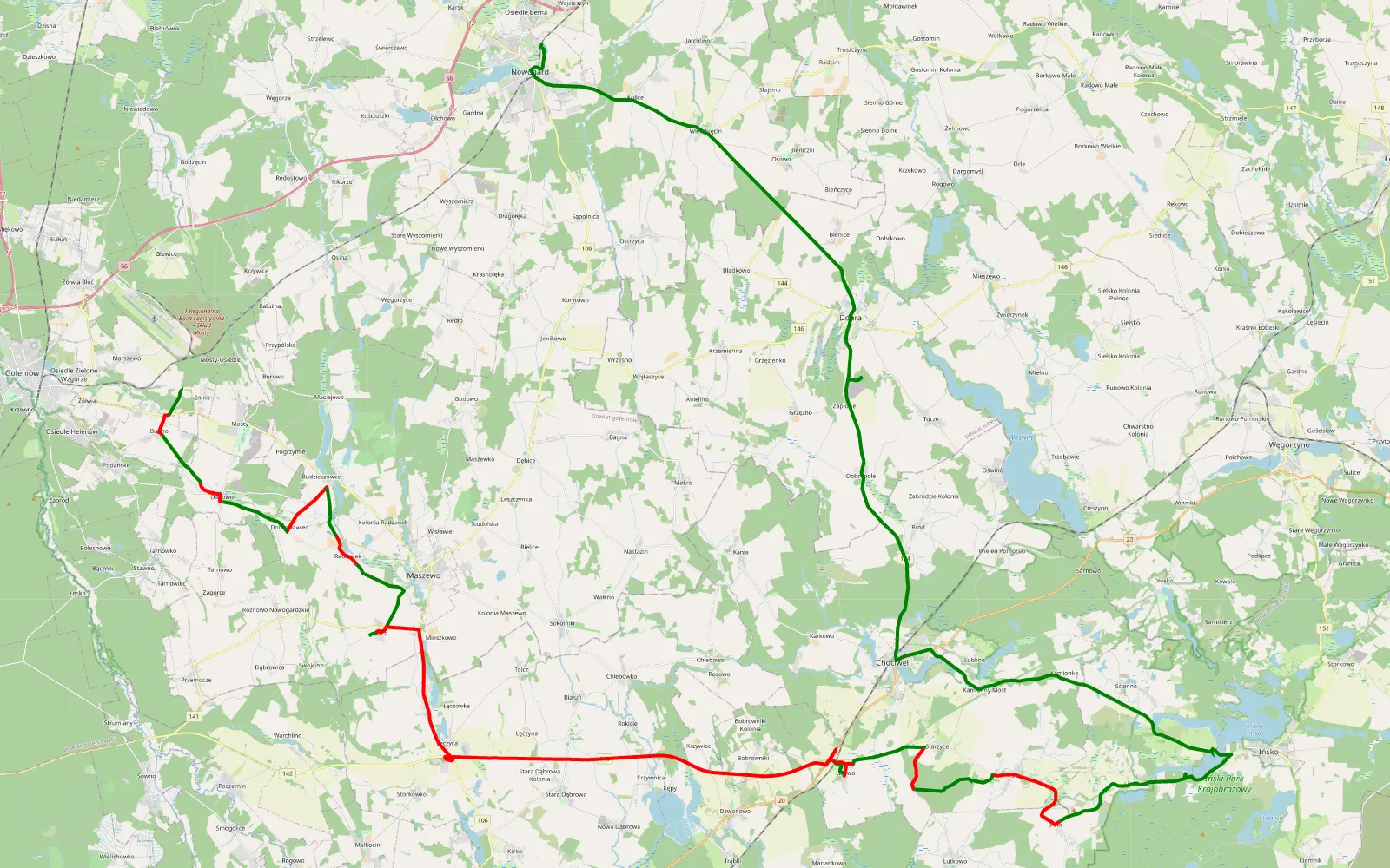 Map of Imno - Nowogard - 62.6 km offroad trail, Stargard County
