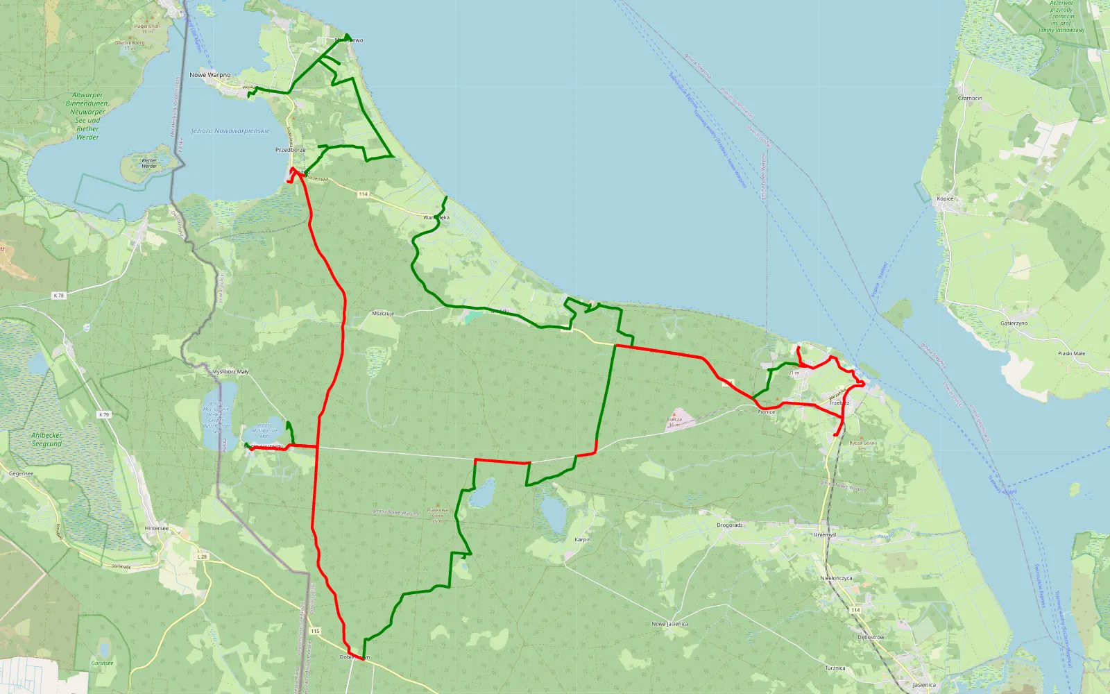 Map of Nowe Warpno - Warnołęka i okolice - 60.7 km offroad trail, Police County