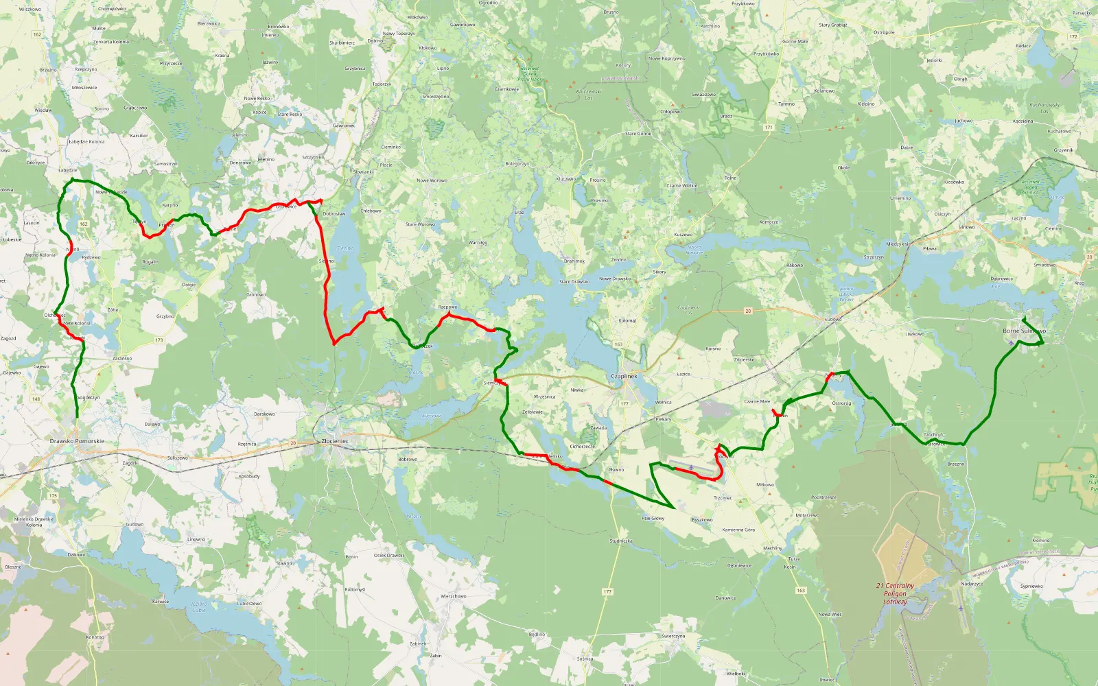 Map of Drawsko Pomorskie - Borne Sulinowo - 93.4 km offroad trail, Drawsko County