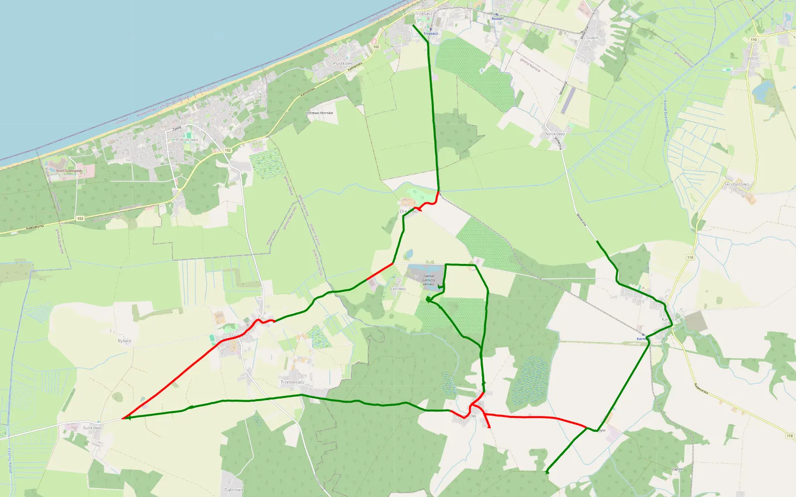 Mapa trasy Trzęsacz - Karnice - 27 km trasy offroad, Powiat Gryficki