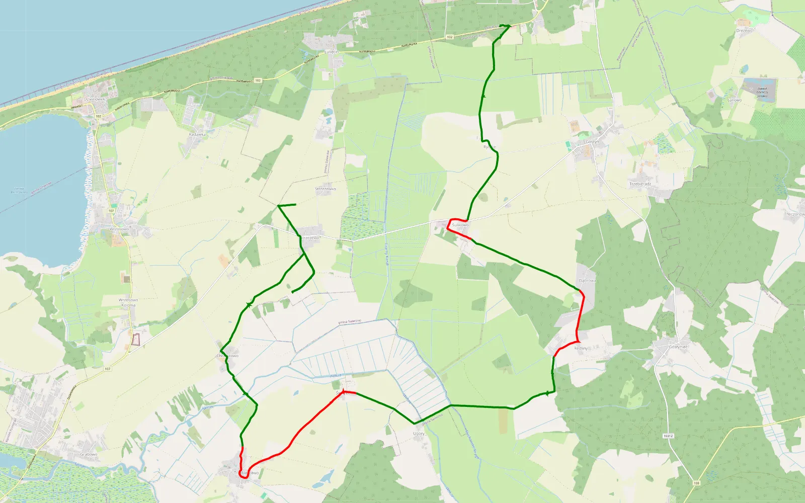 Mapa trasy Strzeżewo - Rybice - 23.5 km trasy offroad, Powiat Kamieński